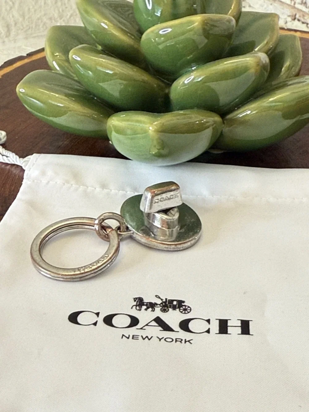 Y2K Coach Silver-Tone Round Keyring with Button Charm